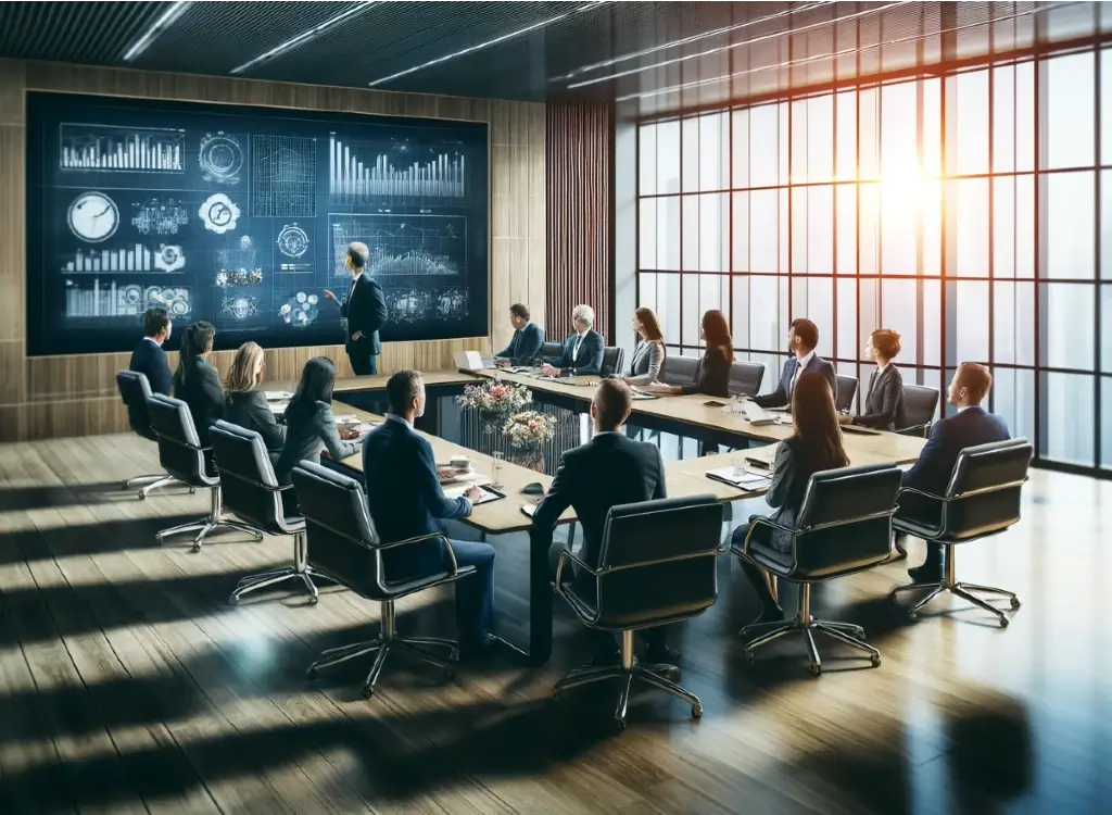 A conference room with diverse business professionals engaged in strategic discussion, displaying digital analytics in the background, representing expert business consulting.